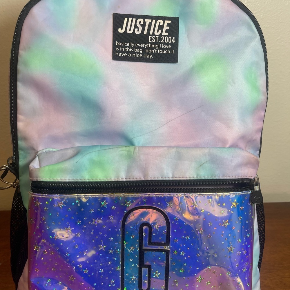Justice Tie Dye Iridescent Holographic G Backpack Bookbag School Bag - Picture 2 of 14